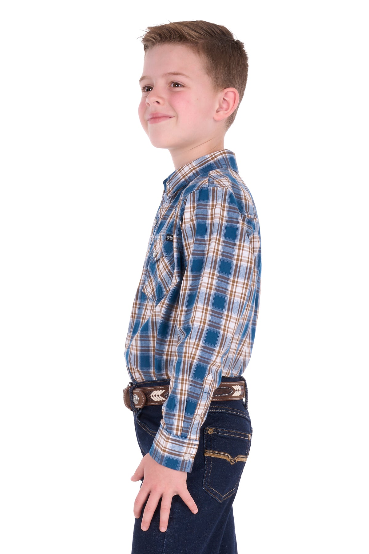 Pure Western Boys’ Todd Long Sleeve Shirt – Navy/Tan