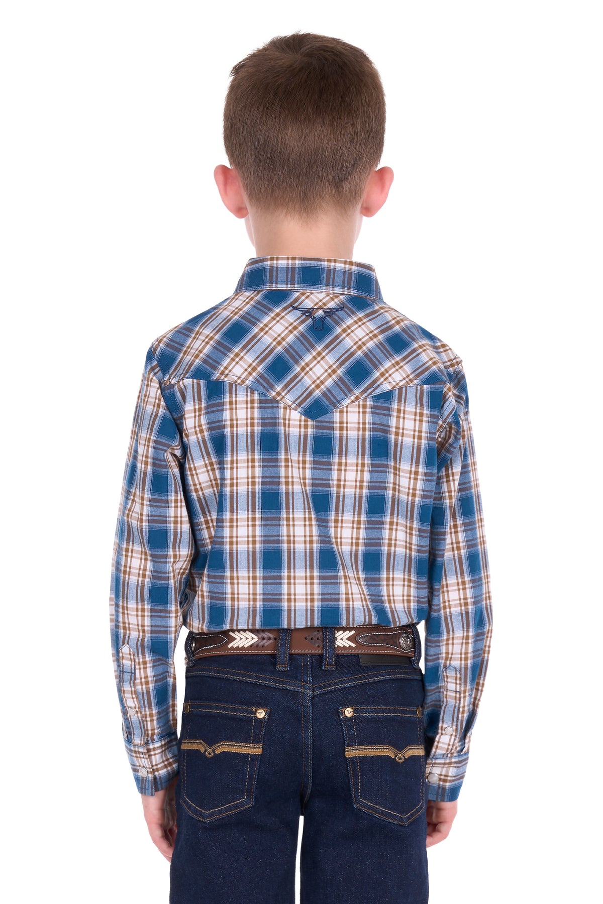 Pure Western Boys’ Todd Long Sleeve Shirt – Navy/Tan