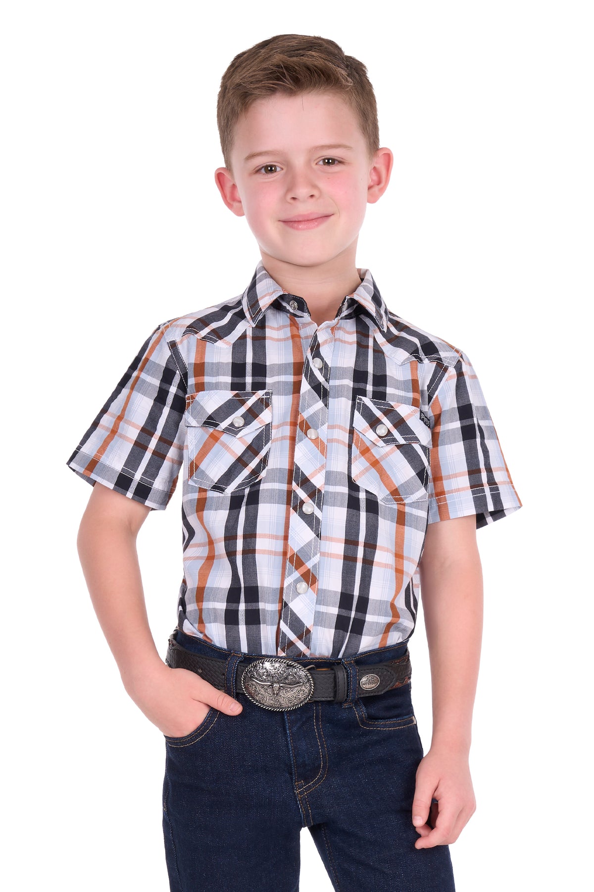 Pure Western Boys’ Terry Short Sleeve Shirt – Black/Rust