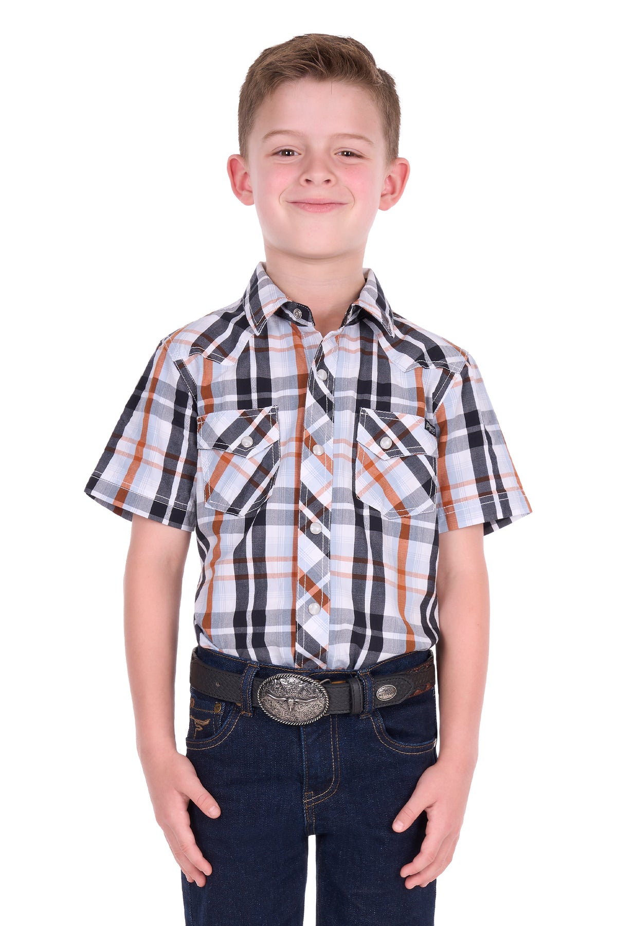 Pure Western Boys’ Terry Short Sleeve Shirt – Black/Rust