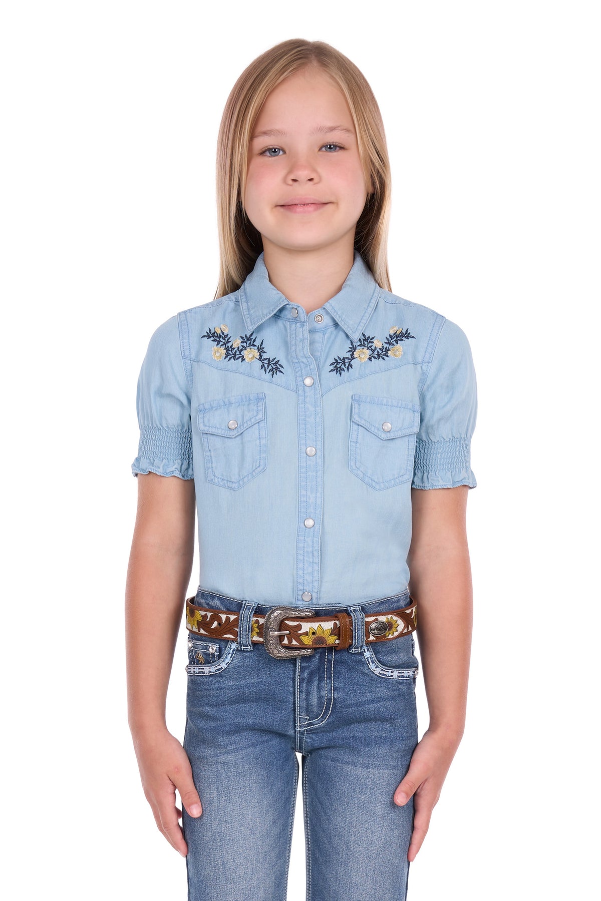 Pure Western Girls’ Martha Short Sleeve Shirt – Chambray