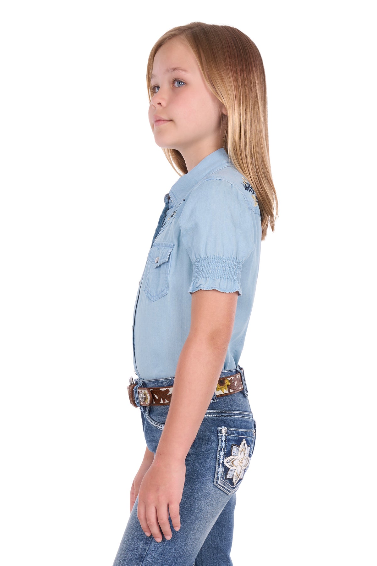 Pure Western Girls’ Martha Short Sleeve Shirt – Chambray