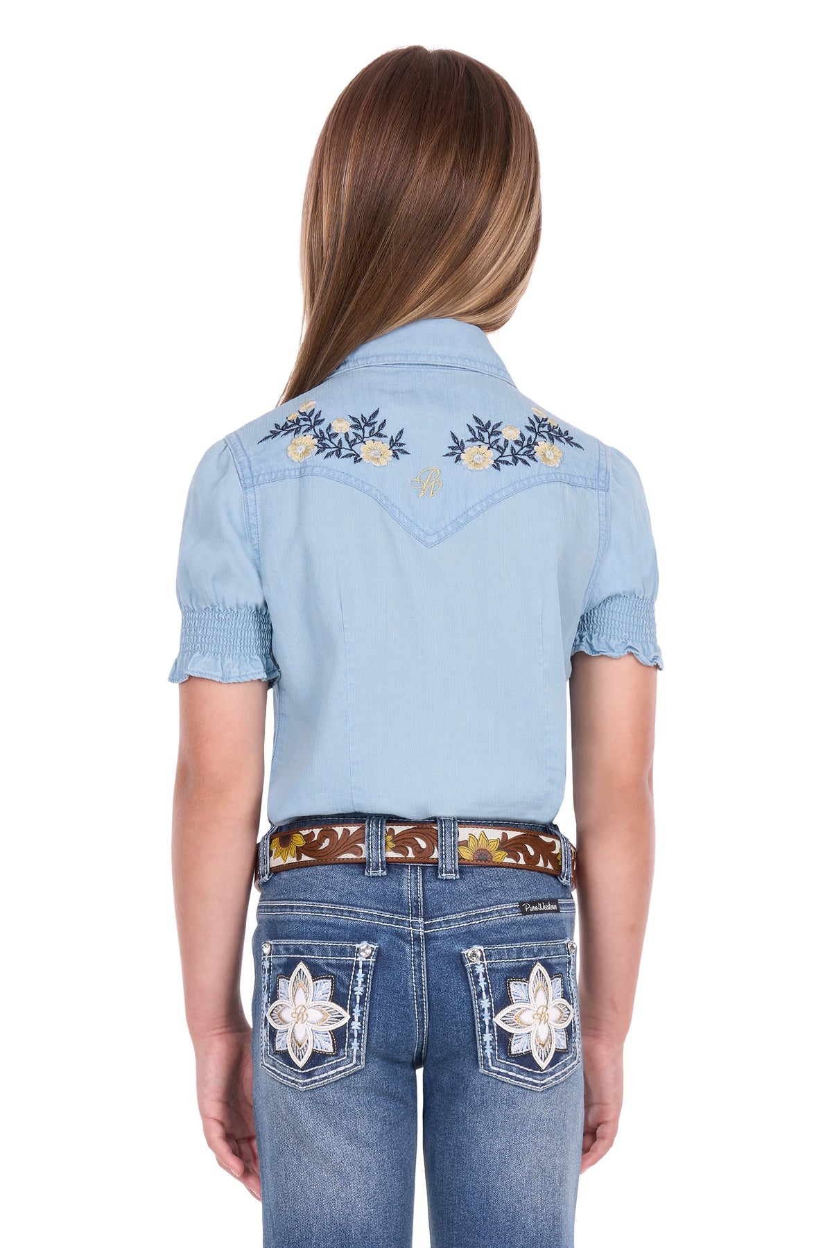 Pure Western Girls’ Martha Short Sleeve Shirt – Chambray