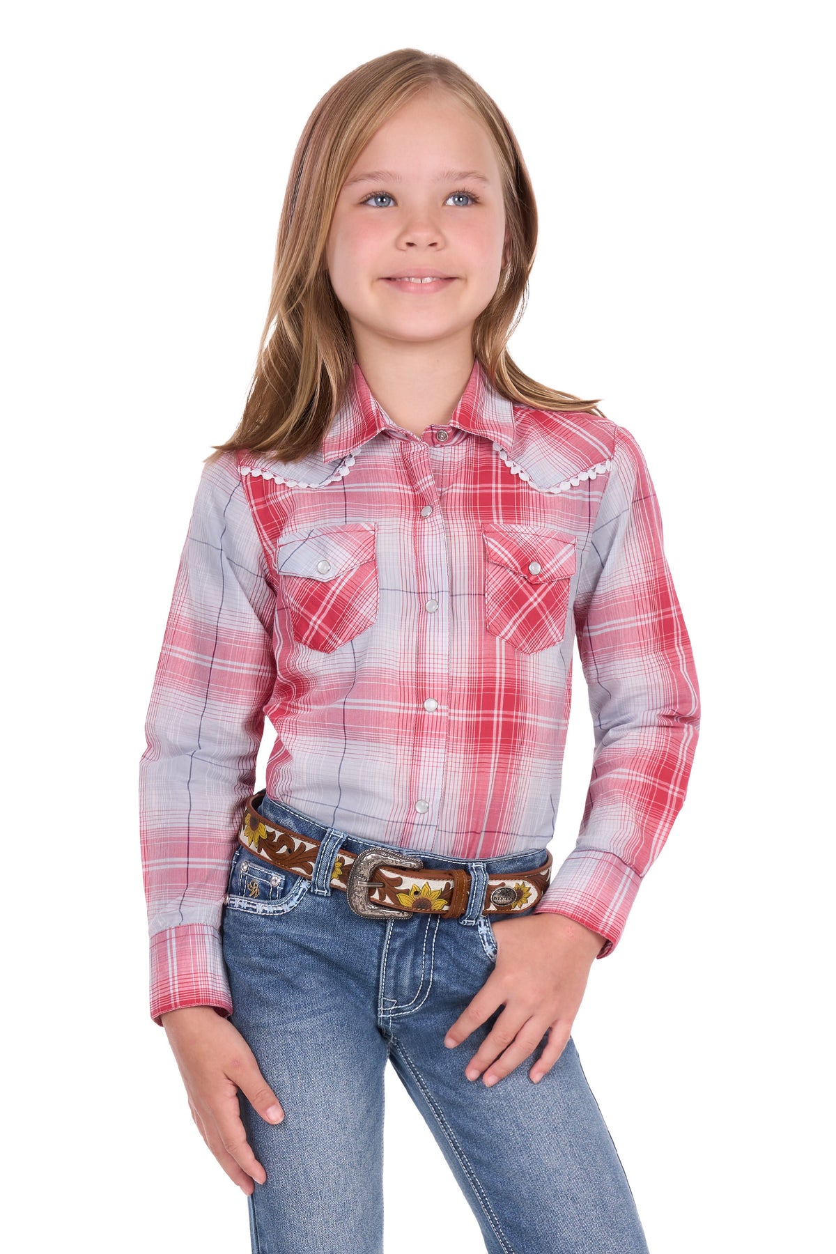 Pure Western Girls’ Jill Long Sleeve Shirt – Red/Blue