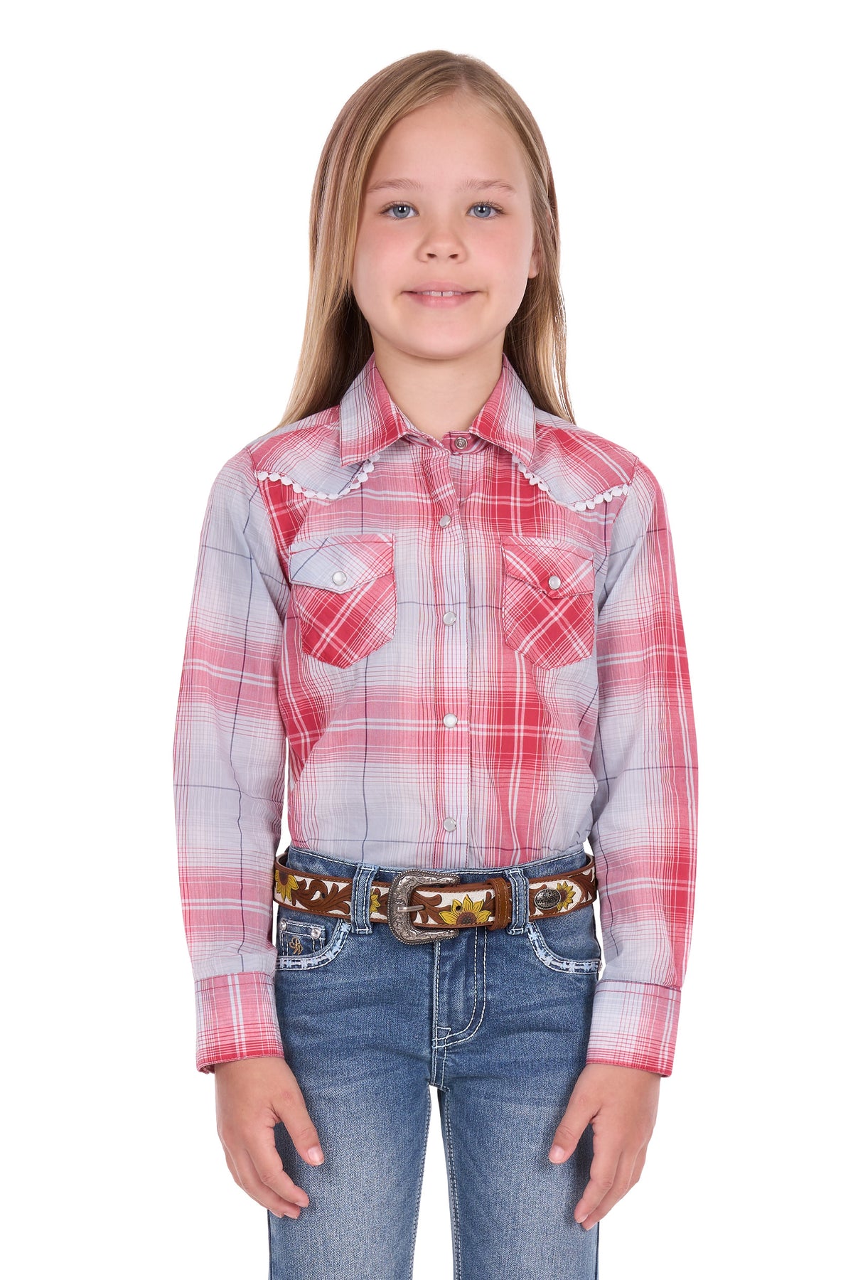Pure Western Girls’ Jill Long Sleeve Shirt – Red/Blue