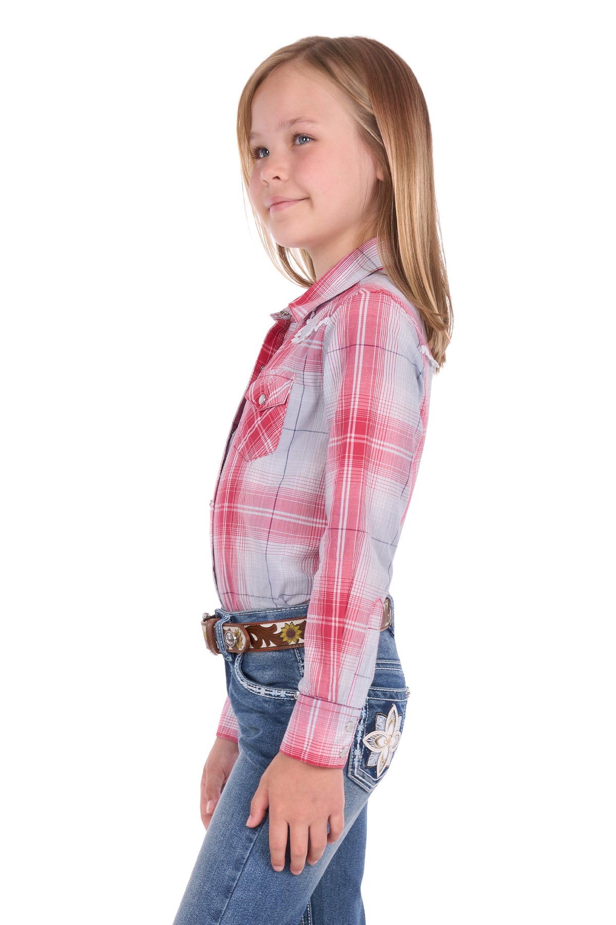 Pure Western Girls’ Jill Long Sleeve Shirt – Red/Blue
