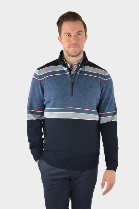 THOMAS COOK MENS CARRINGTON STRIPE MERINO BLEND RUGBY - NAVY/GREY