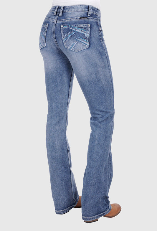 PURE WESTERN WOMENS CRISS CROSS RELAX RIDER JEAN