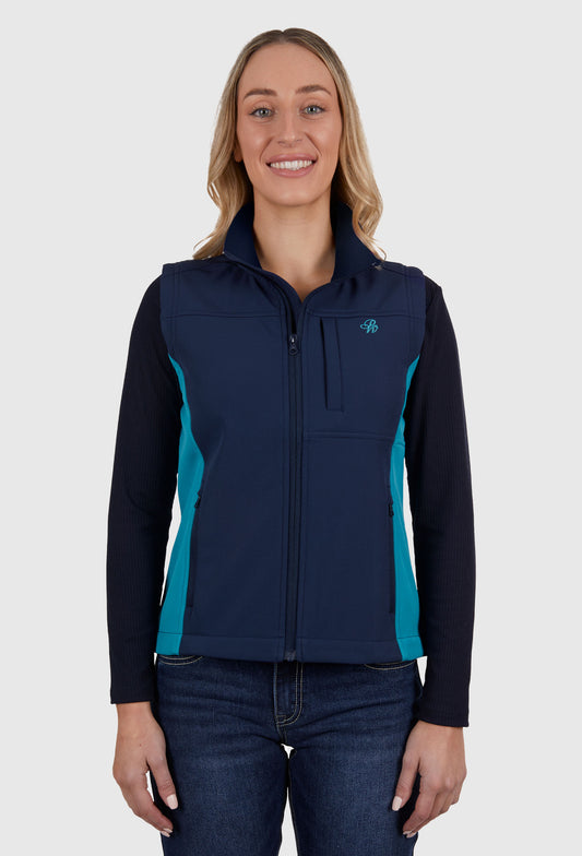PURE WESTERN WOMENS TRACY SOFT SHELL VEST (NAVY/AQUA)
