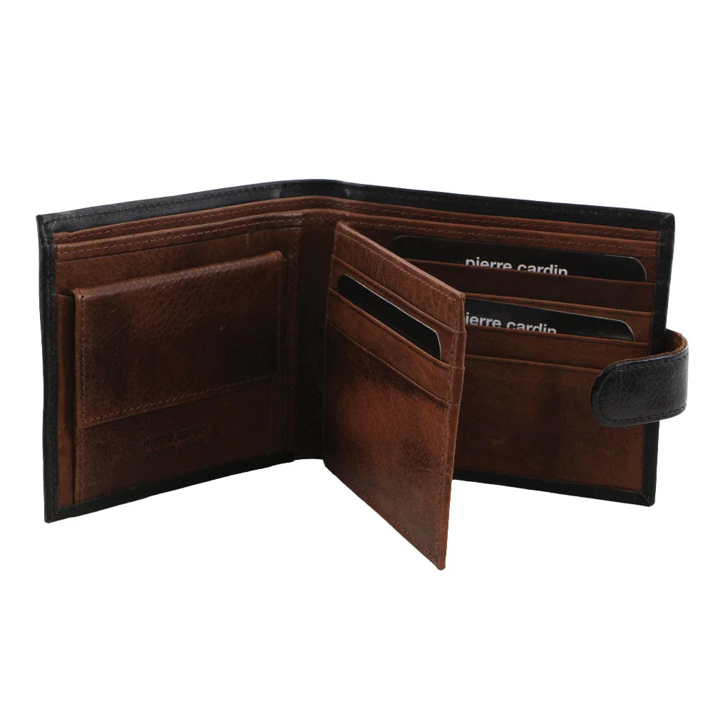 Pierre Cardin Men's Italian Leather RFID Two Tone Wallet 11cm Black Cognac