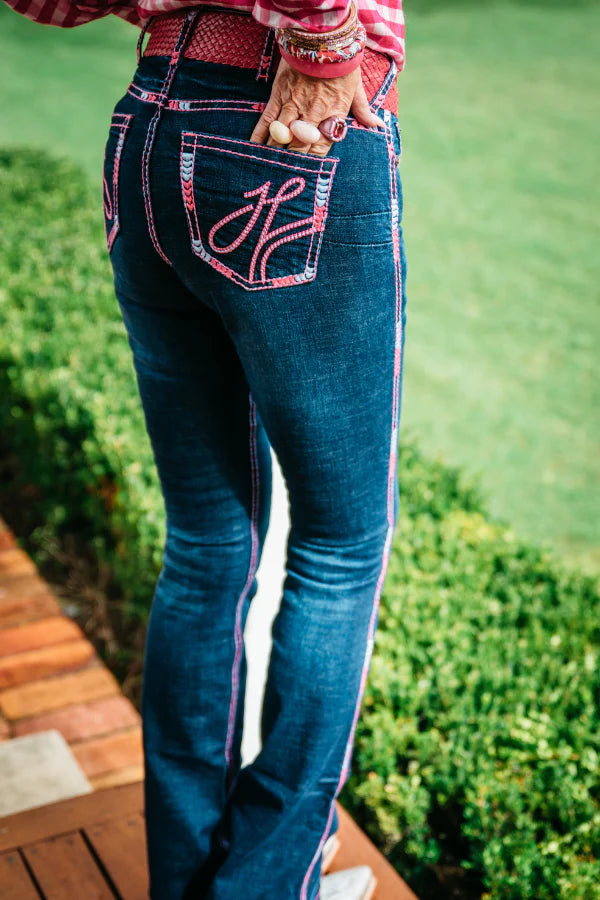 Hitchley & Harrow Ultra High Rise - "West Hollywood" Neon Pink Stitch Jeans Leg 35