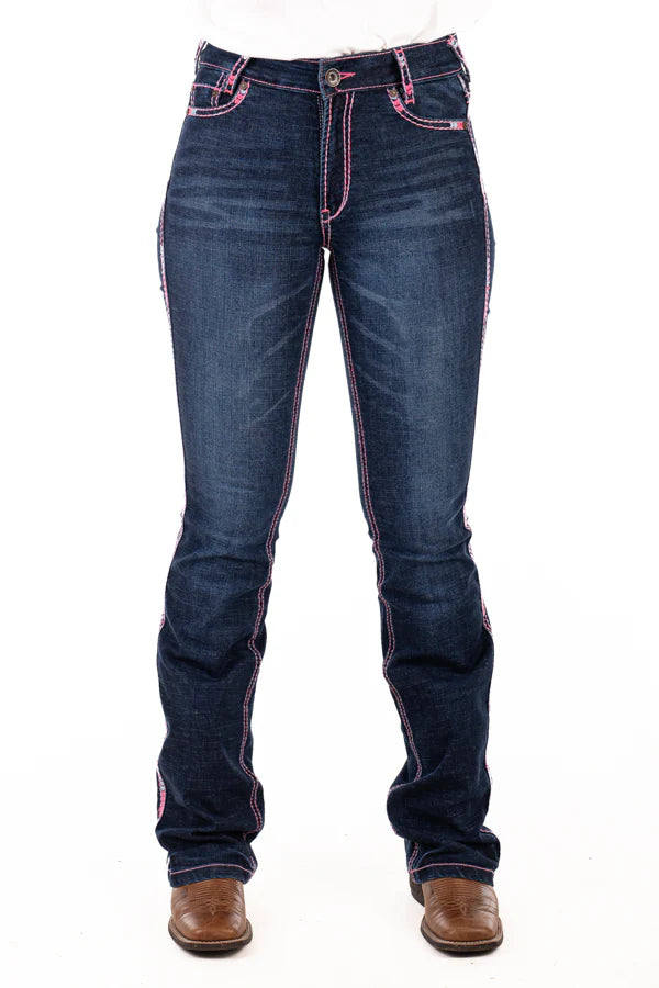 Hitchley & Harrow Ultra High Rise - "West Hollywood" Neon Pink Stitch Jeans Leg 35