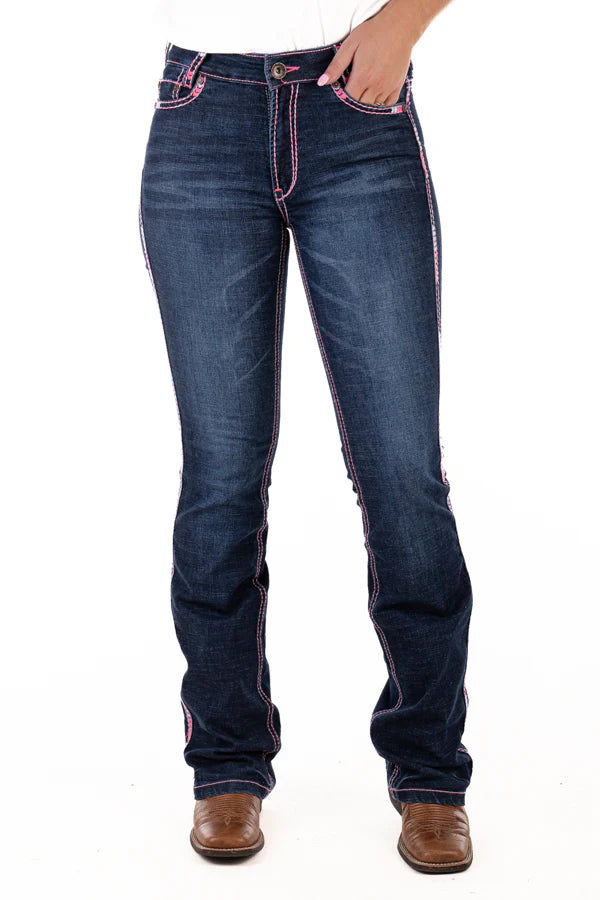 Hitchley & Harrow Ultra High Rise - "West Hollywood" Neon Pink Stitch Jeans Leg 35