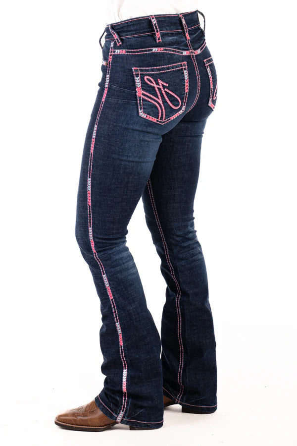 Hitchley & Harrow Ultra High Rise - "West Hollywood" Neon Pink Stitch Jeans Leg 35