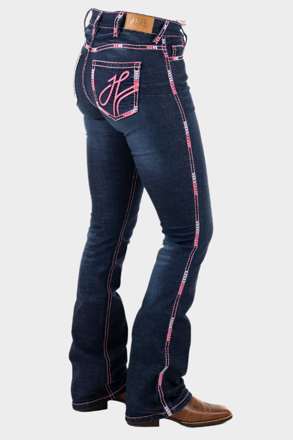 Hitchley & Harrow Ultra High Rise - "West Hollywood" Neon Pink Stitch Jeans Leg 35