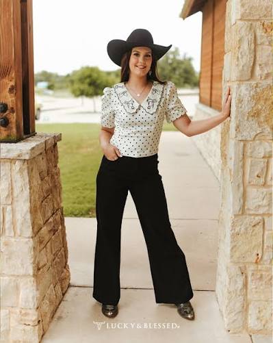 Lucky & Blessed Ivory Polka Dot Puff Sleeve Blouse With  Embroidered Collar