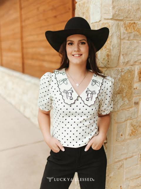 Lucky & Blessed Ivory Polka Dot Puff Sleeve Blouse With  Embroidered Collar