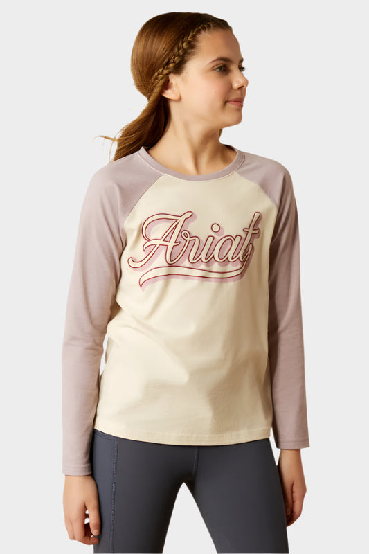Ariat Girl's Pony Script Baseball T-Shirt - Natural/Purple Dove Heather
