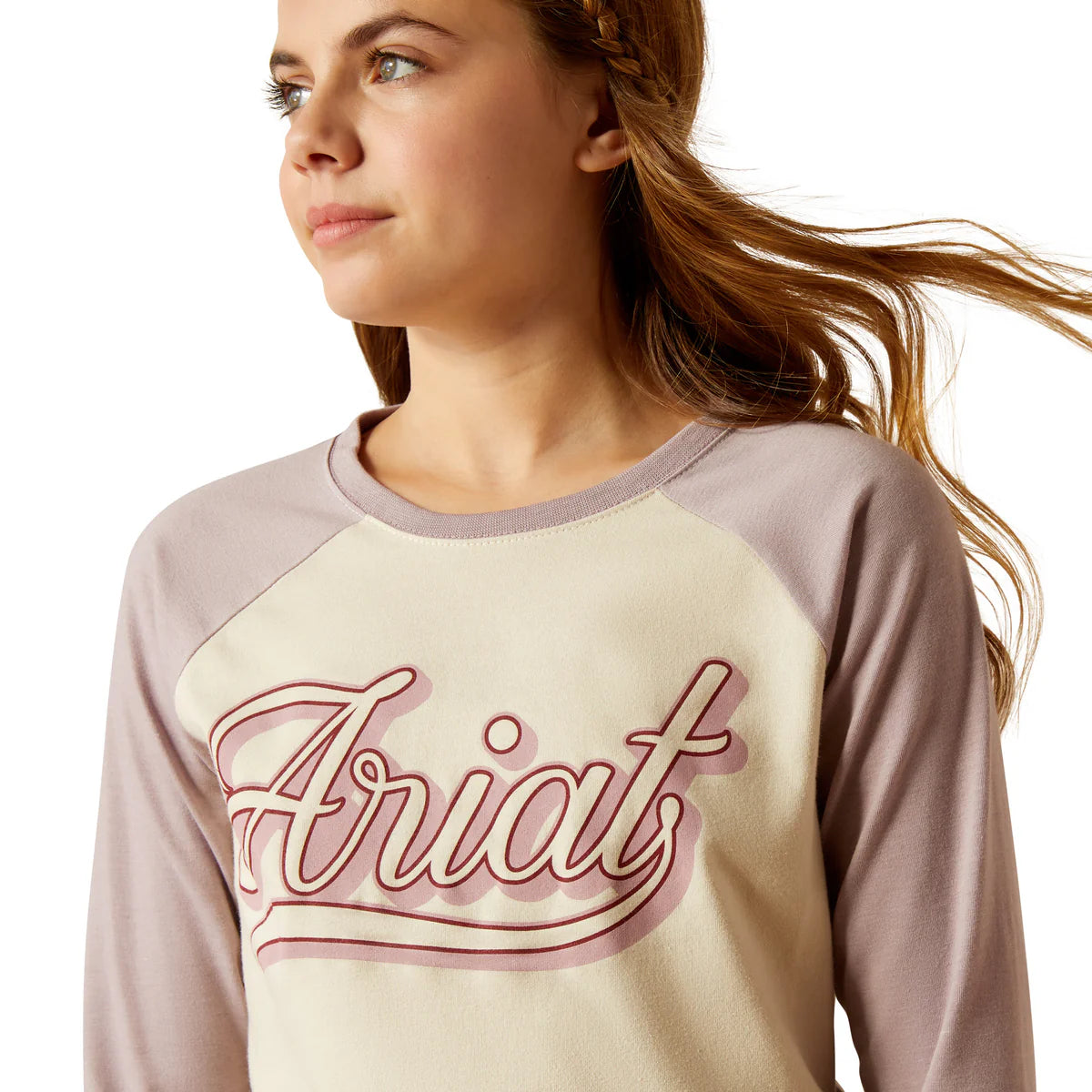 Ariat Girl's Pony Script Baseball T-Shirt - Natural/Purple Dove Heather