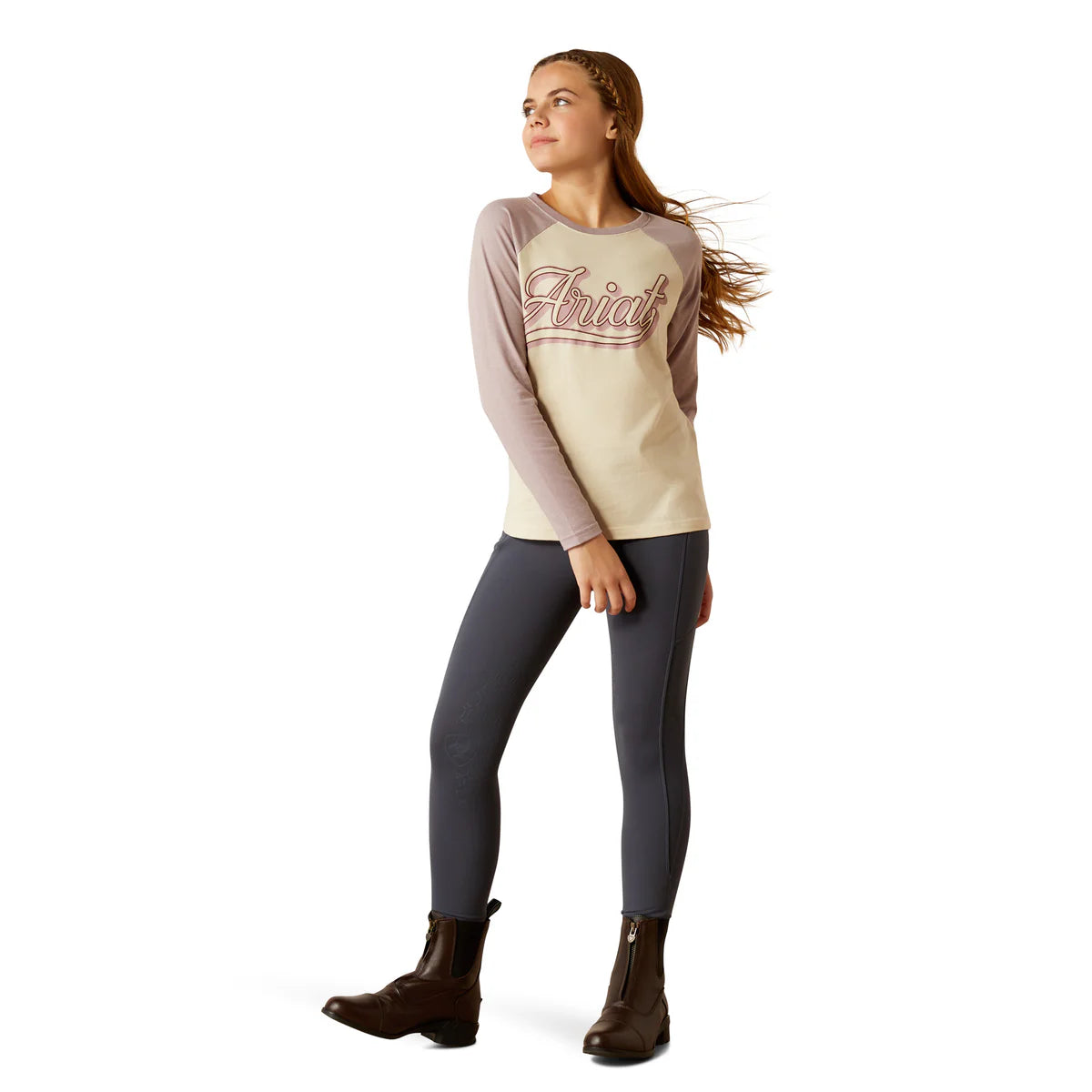 Ariat Girl's Pony Script Baseball T-Shirt - Natural/Purple Dove Heather
