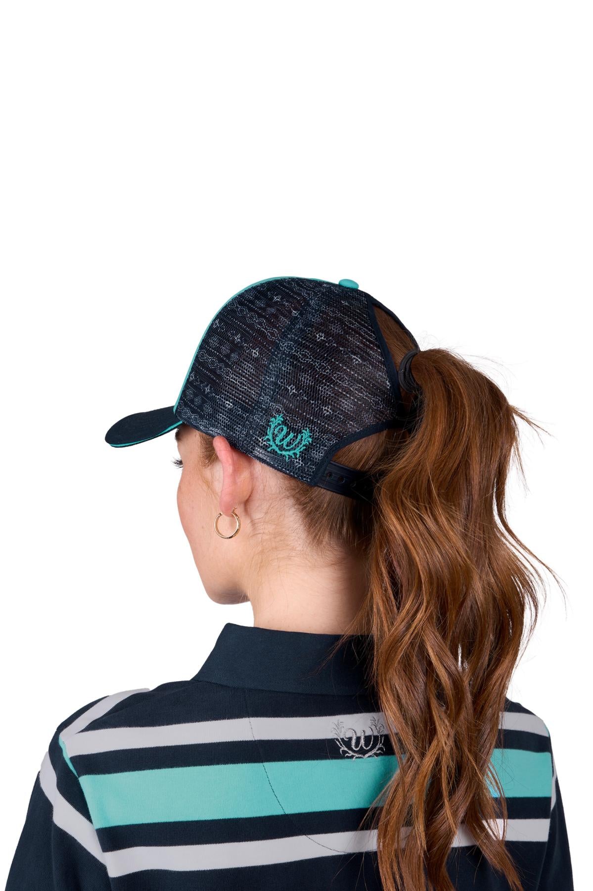 Wrangler Women's Quinn High Profile Ponytail Trucker Cap - Aqua/Navy