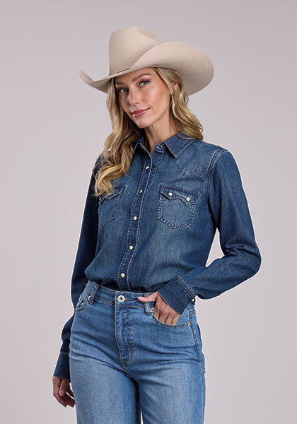 Stetson Women's Denim Long Sleeve Snap Shirt - Solid Blue