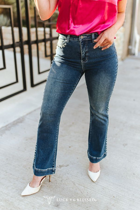 Lucky & Blessed Mid Wash Stretch Denim High Rise Trouser Rhinestone Studded Jeans (31in Inseam)