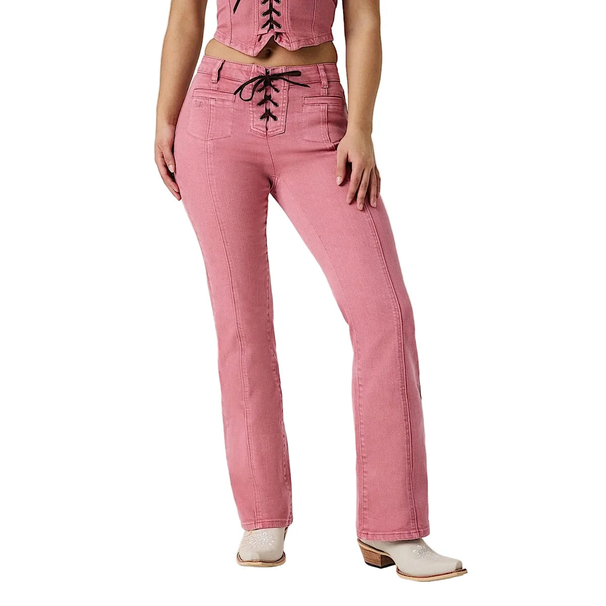 Ringers Western Women's Rodeo Rose Lace Front Mid Rise Bootleg Jean - Washed Pink