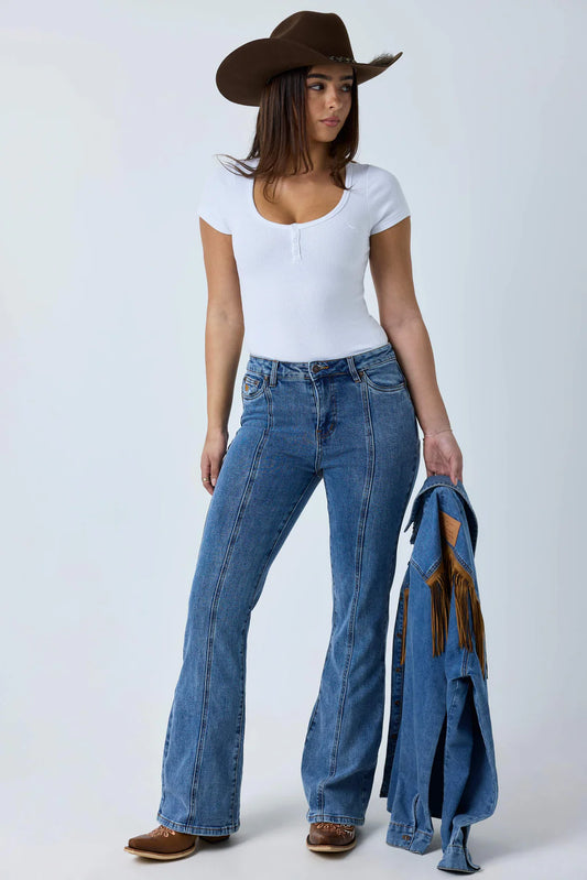 Ringers Western Womens Penny Starstruck High Rise Bootleg Jean - Mid Blue