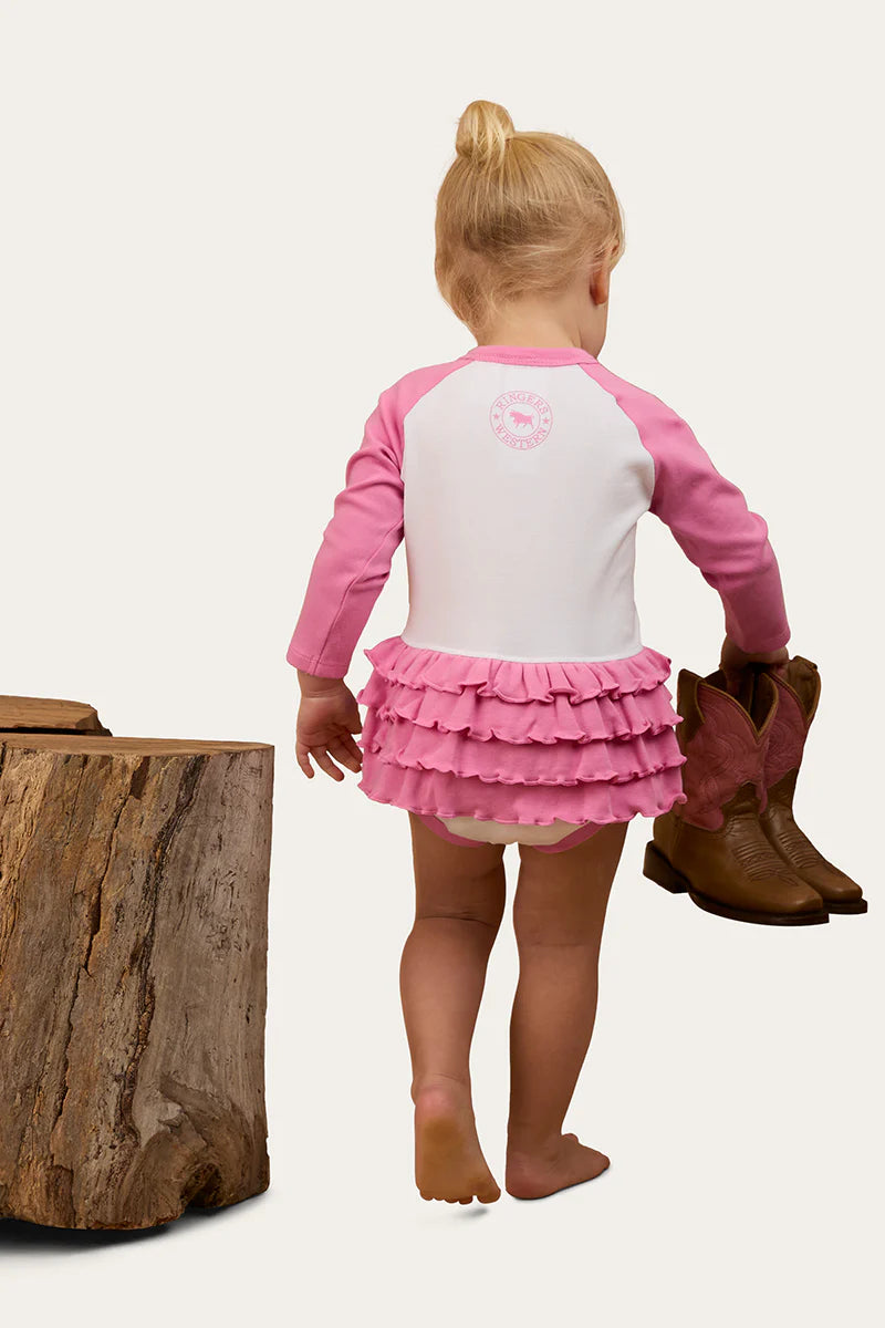 Ringers Western Rodeo Gal Babies LS Frill Romper - White/Pink