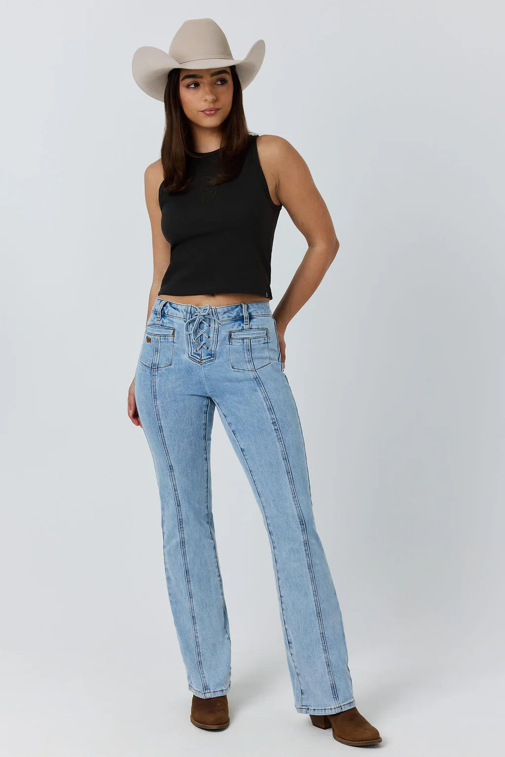 Ringers Western Womens Rodeo Rose Lace Front Mid Rise Bootleg Jean - Light Blue
