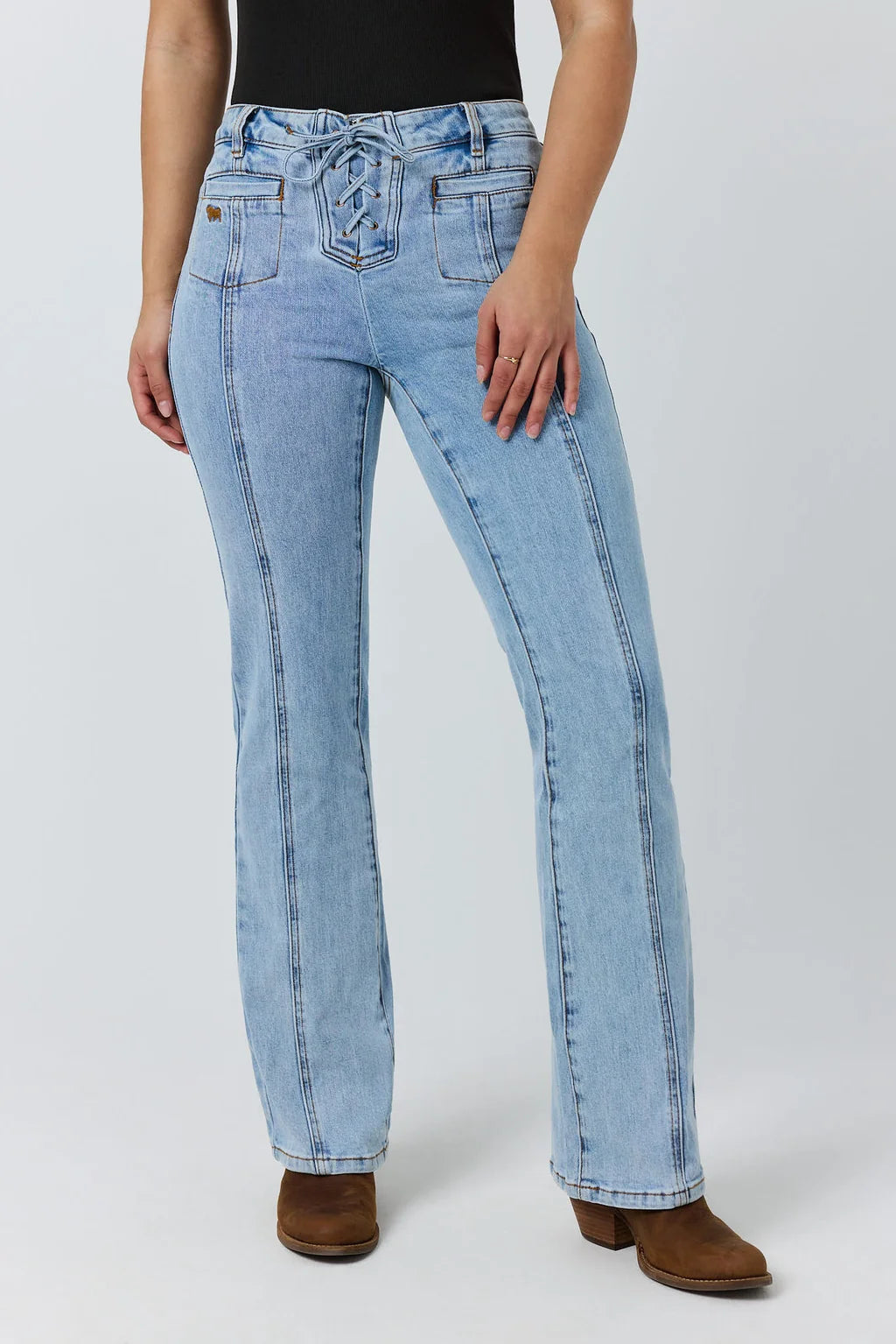 Ringers Western Womens Rodeo Rose Lace Front Mid Rise Bootleg Jean - Light Blue