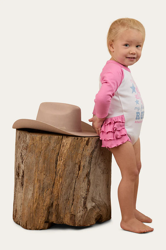 Ringers Western Rodeo Gal Babies LS Frill Romper - White/Pink