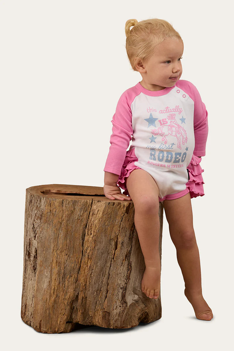 Ringers Western Rodeo Gal Babies LS Frill Romper - White/Pink