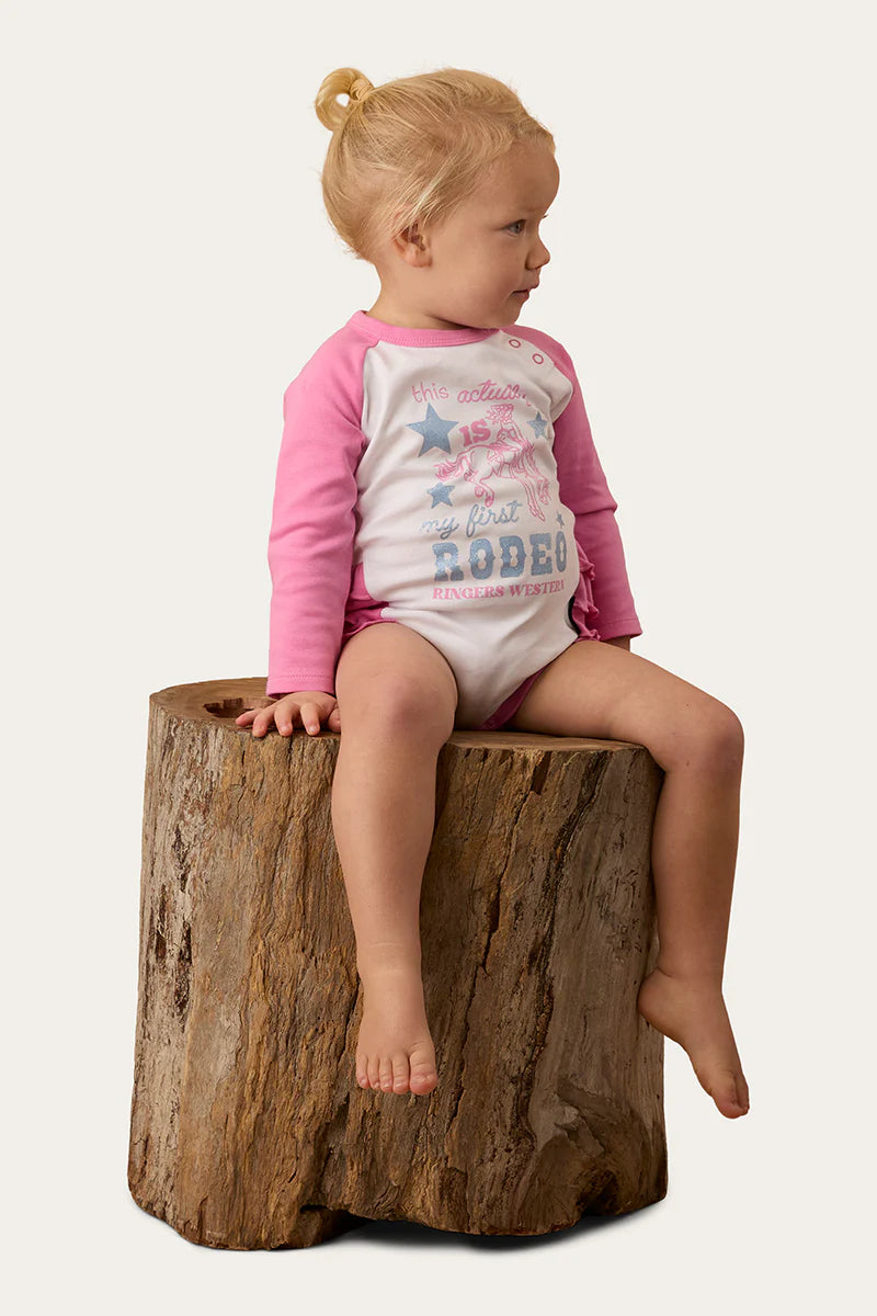 Ringers Western Rodeo Gal Babies LS Frill Romper - White/Pink