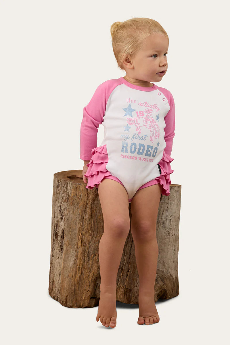 Ringers Western Rodeo Gal Babies LS Frill Romper - White/Pink