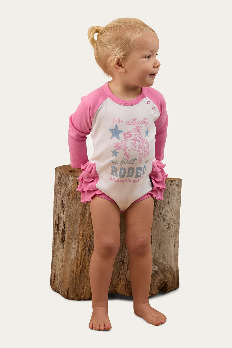 Ringers Western Rodeo Gal Babies LS Frill Romper - White/Pink