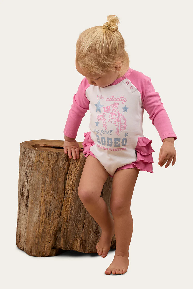 Ringers Western Rodeo Gal Babies LS Frill Romper - White/Pink