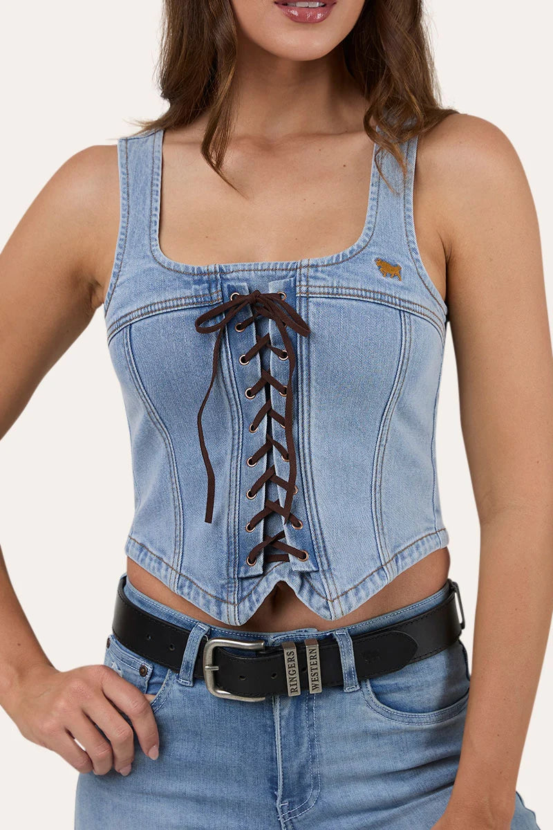 Ringers Western Womens Rodeo Rose Lace Front Vest - Light Blue