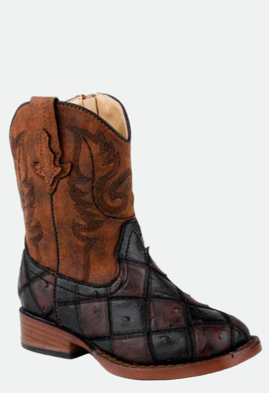 Roper Toddler Unisex Bird Blocks Brown Faux Leather Cowboy Boots