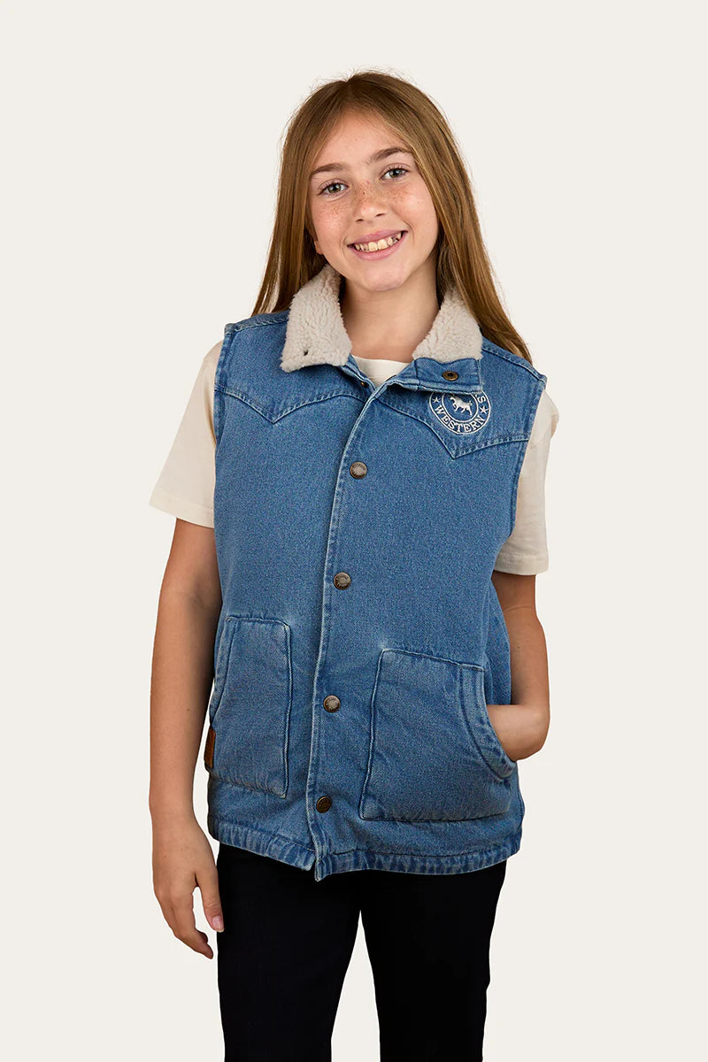 Ringers Western Kid's Ruby Denim Sherpa Vest - Mid Wash Blue