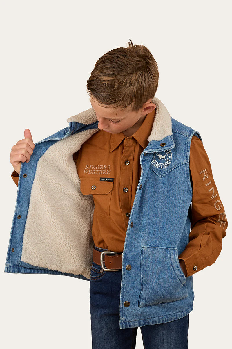 Ringers Western Kid's Ruby Denim Sherpa Vest - Mid Wash Blue