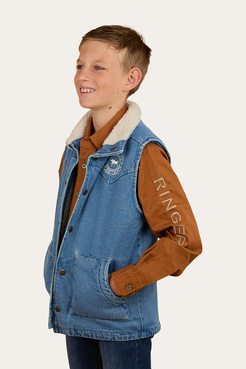 Ringers Western Kid's Ruby Denim Sherpa Vest - Mid Wash Blue