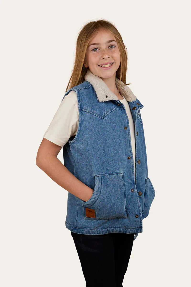 Ringers Western Kid's Ruby Denim Sherpa Vest - Mid Wash Blue
