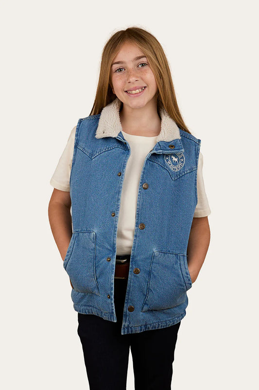 Ringers Western Kid's Ruby Denim Sherpa Vest - Mid Wash Blue