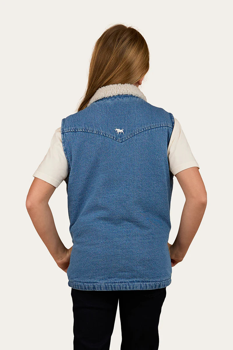 Ringers Western Kid's Ruby Denim Sherpa Vest - Mid Wash Blue