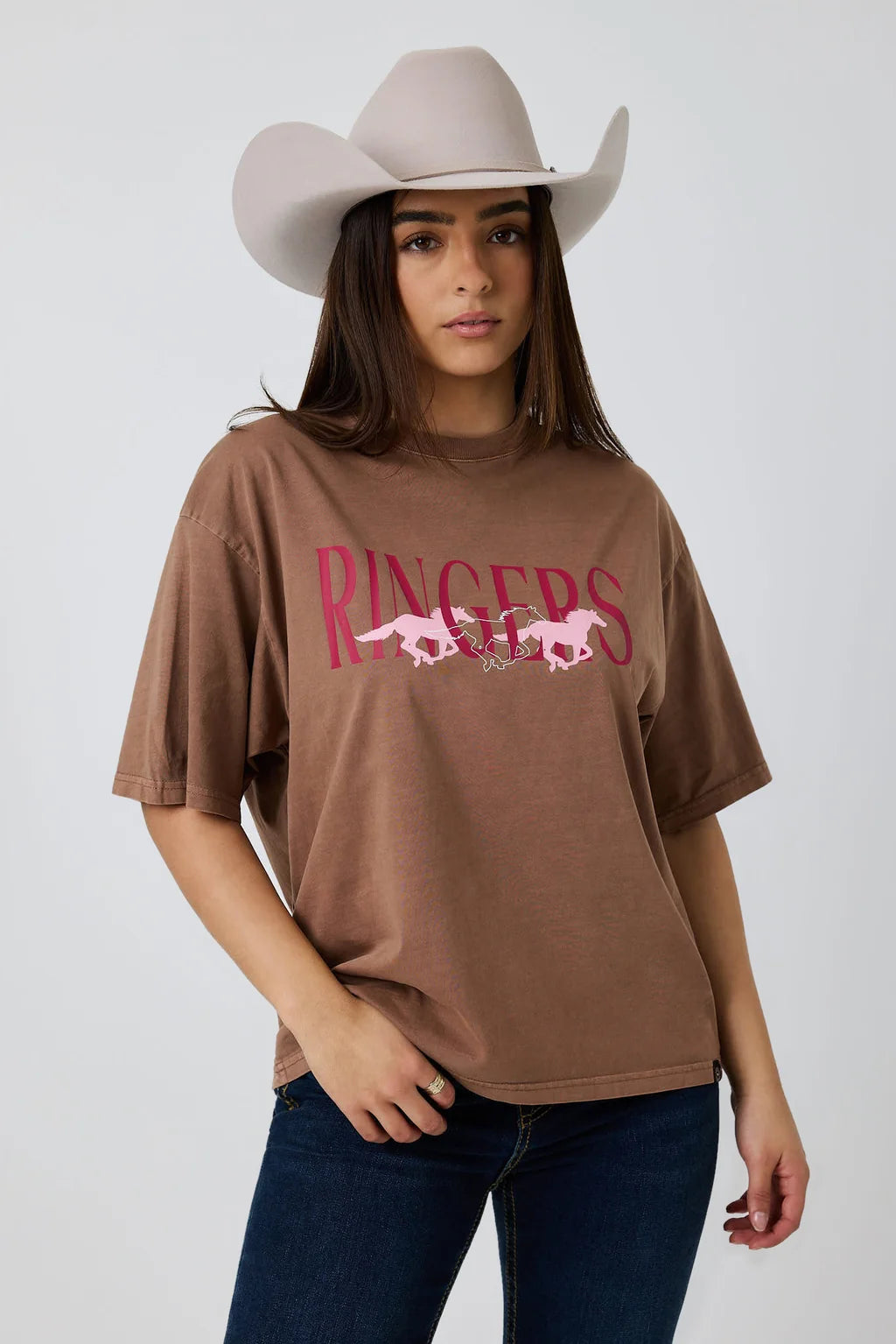 Ringers Western Womens Running Herd Oversized T-Shirt - Washed Saddle Brown