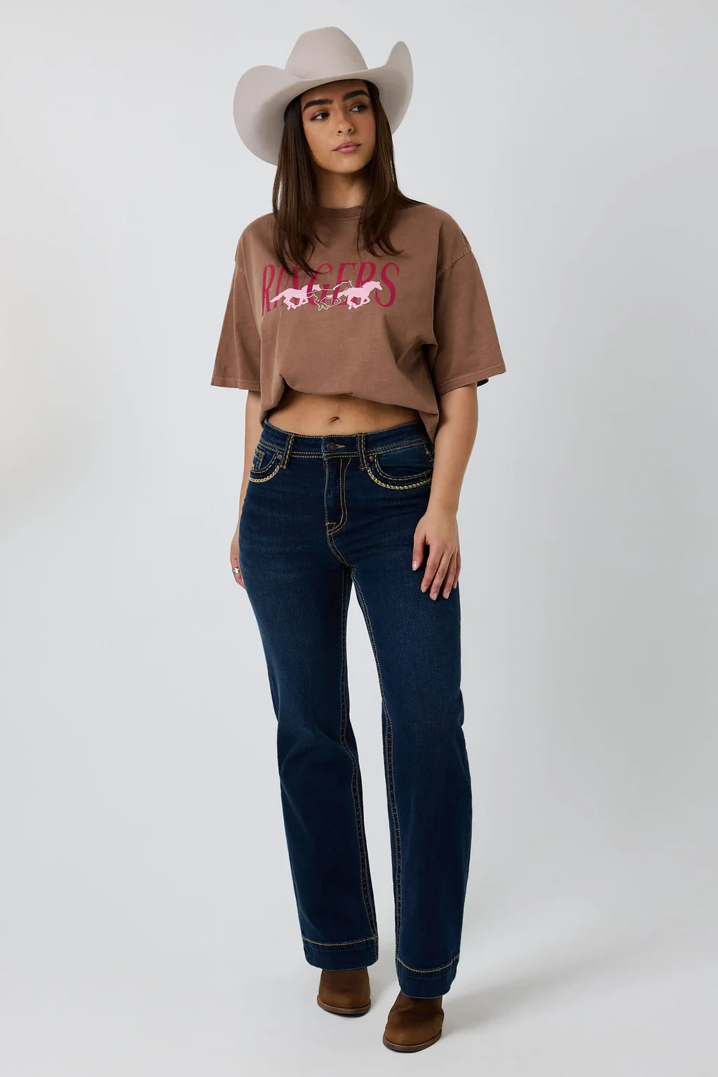 Ringers Western Womens Running Herd Oversized T-Shirt - Washed Saddle Brown