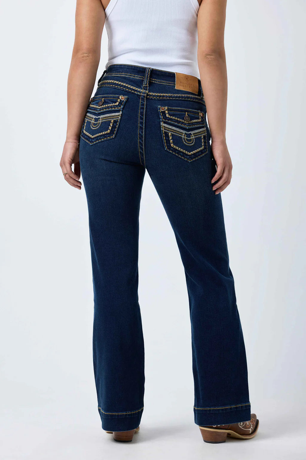 Ringers Western Women's Indi Rodeo Saddle Stitch High Rise Wide Bootleg Jean - Dark Blue