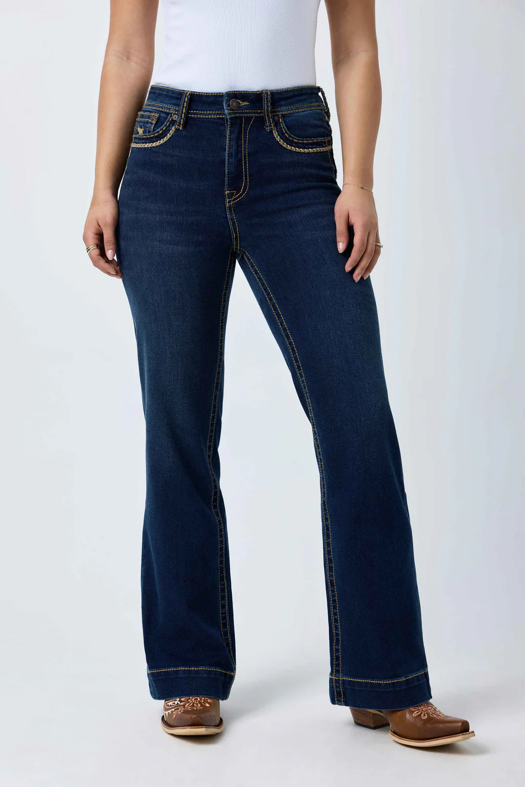 Ringers Western Women's Indi Rodeo Saddle Stitch High Rise Wide Bootleg Jean - Dark Blue